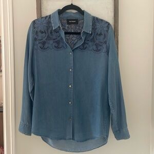 The Kooples embroidery anglais blue denim shirt US4